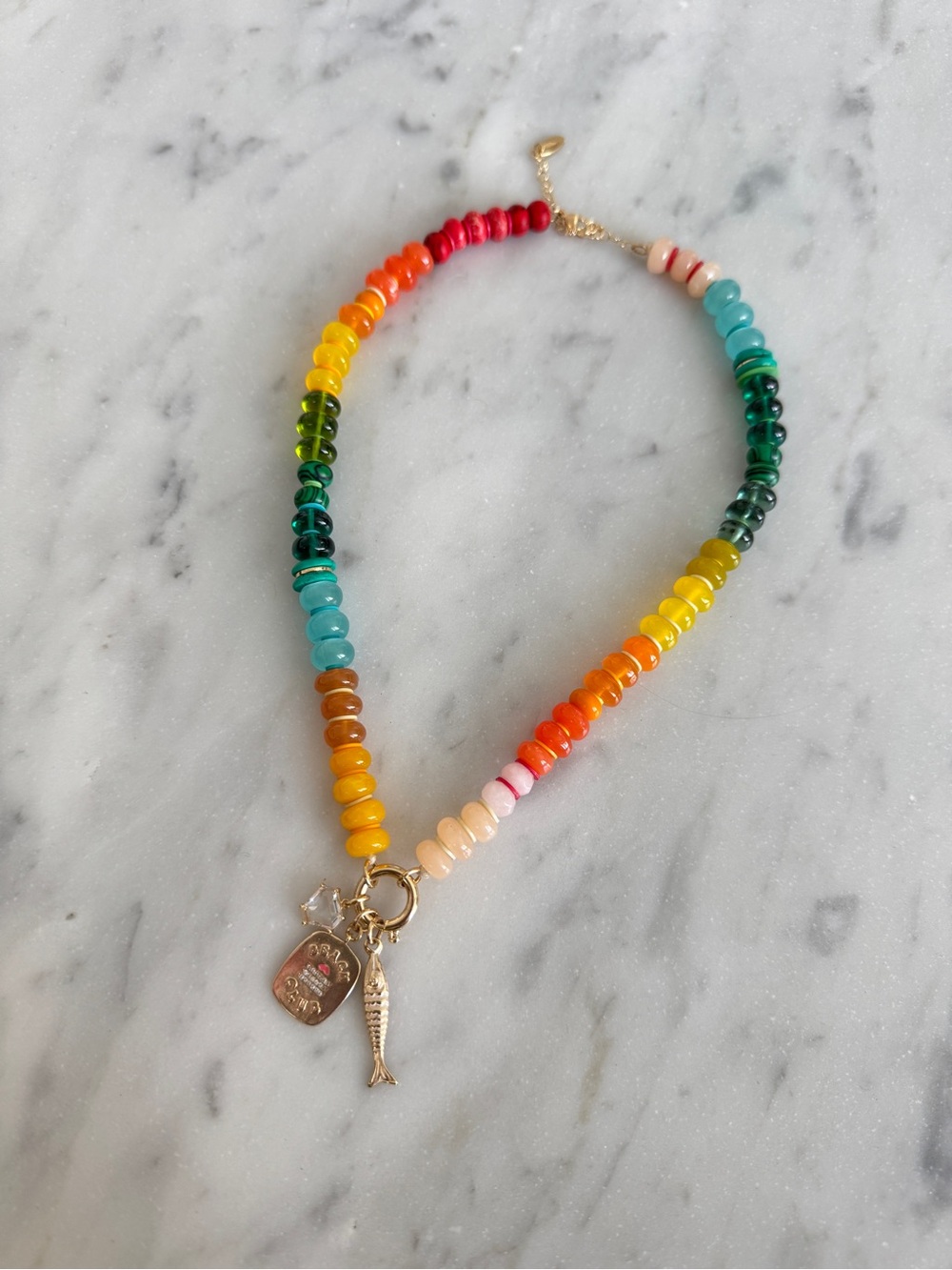 Rainbow Stone 🌈 Necklace w/ Charm Beach Club & Fish 🐠 Anthropologie